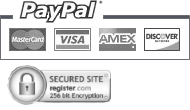 PayPal: MasterCard, Visa, Amex, Discover Network. Secured site, register.com, 256 bit Encryption
